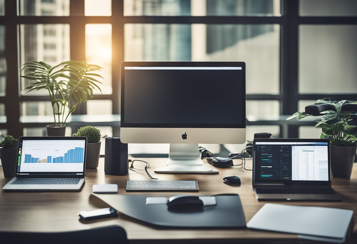 A modern office desk with a computer, phone, and various electronic devices connected seamlessly, symbolizing the integrations and compatibility of Finresi loan origination systems