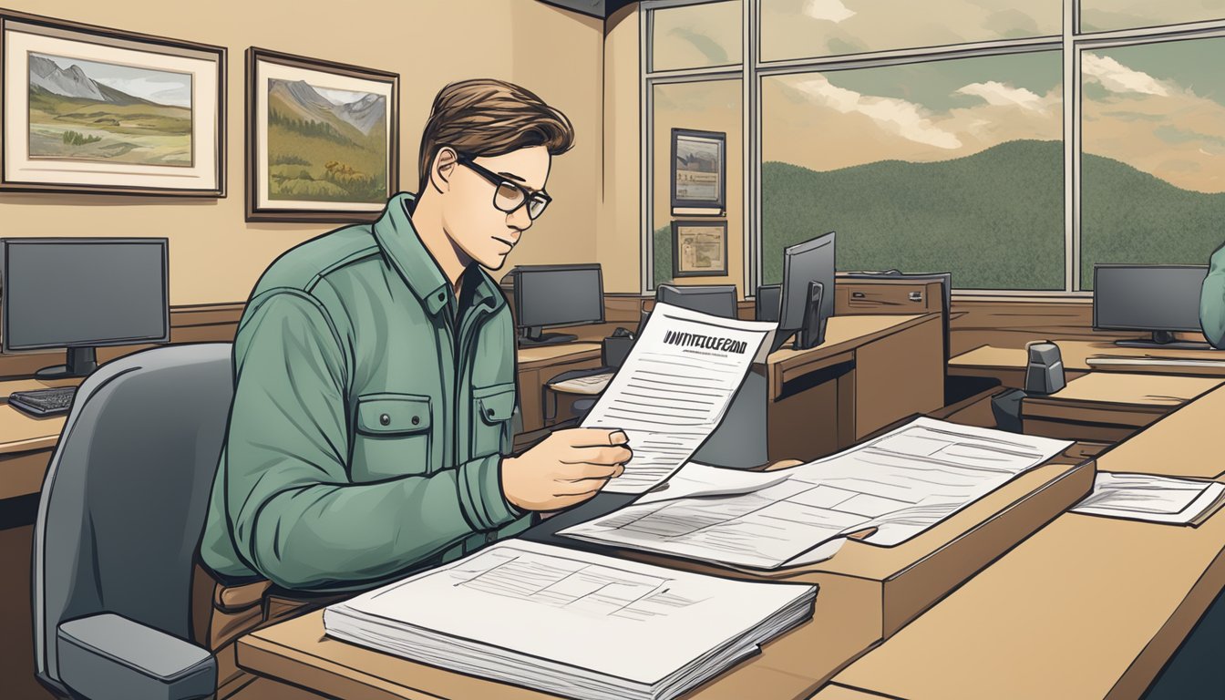 A person filling out a hunting license application at a government office counter