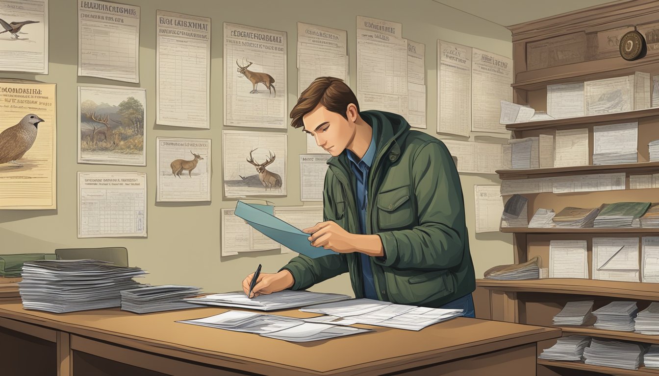 A hunter filling out paperwork at a government office, with a clerk assisting and a wall display of different types of hunting licenses available