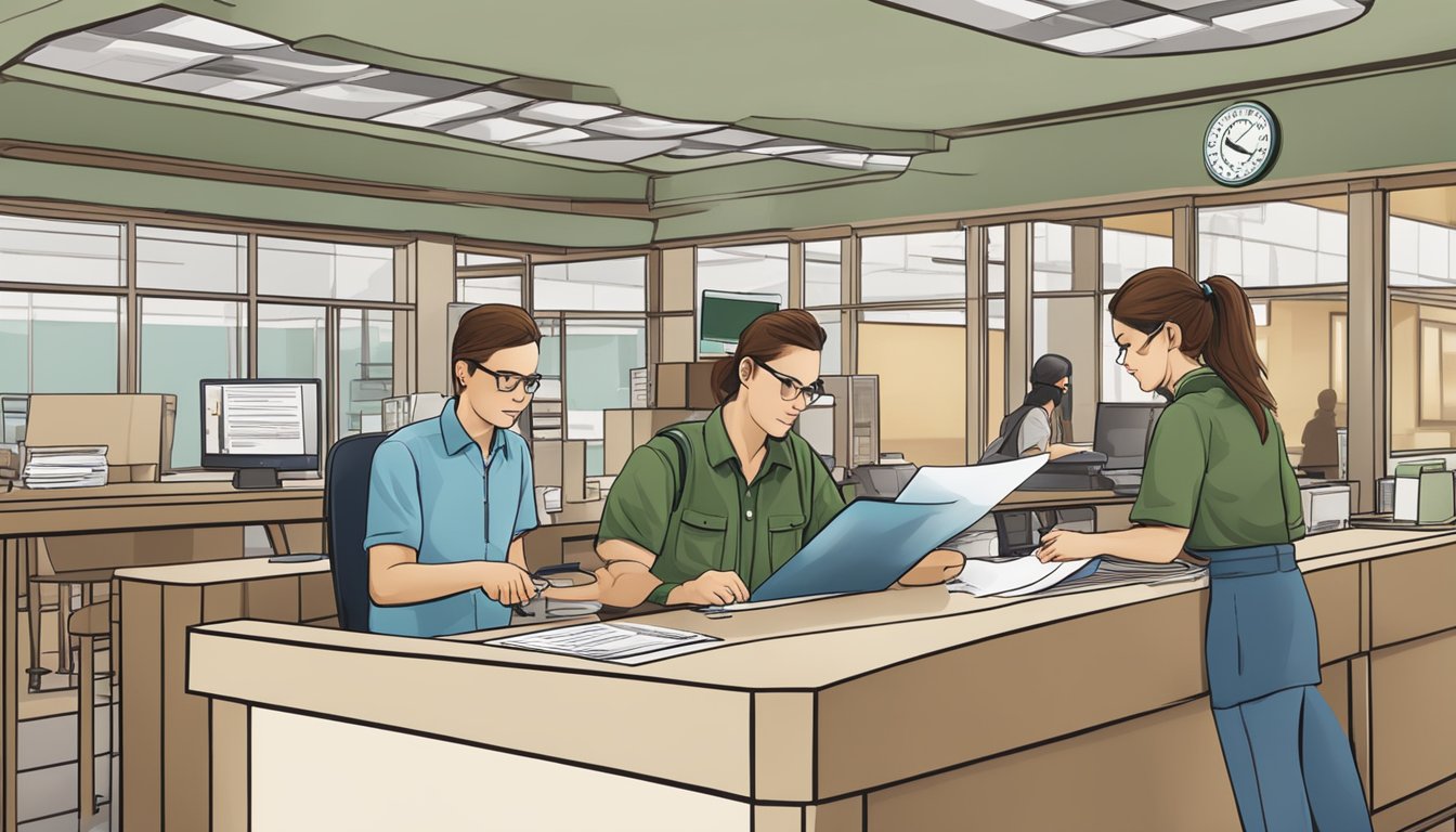 A person filling out a hunting license application at a government office counter, with a clerk assisting them