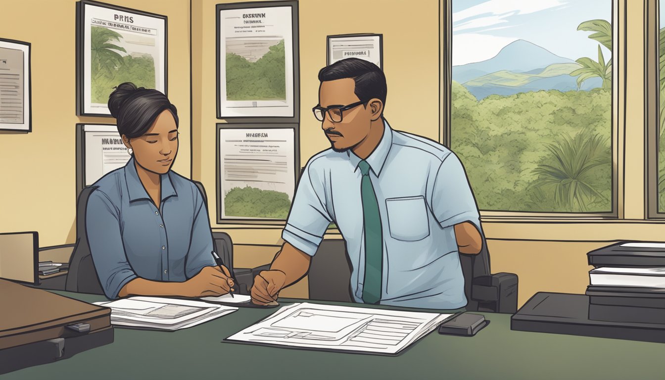 A person filling out a hunting license application at a government office in Puerto Rico, with a clerk assisting them