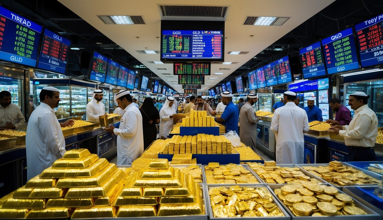 A bustling Dubai marketplace with gold vendors and customers, surrounded by digital screens displaying fluctuating gold rates and trend predictions