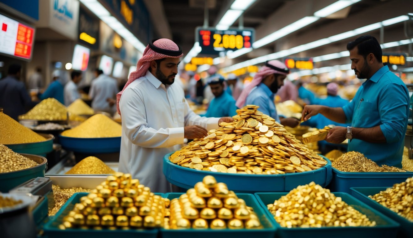 A bustling Dubai gold market with fluctuating prices and traders analyzing trends