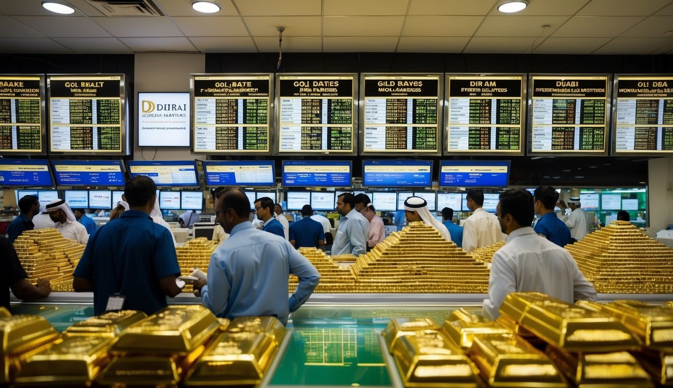 A bustling Dubai gold market with traders monitoring digital screens displaying current gold rates and trend predictions