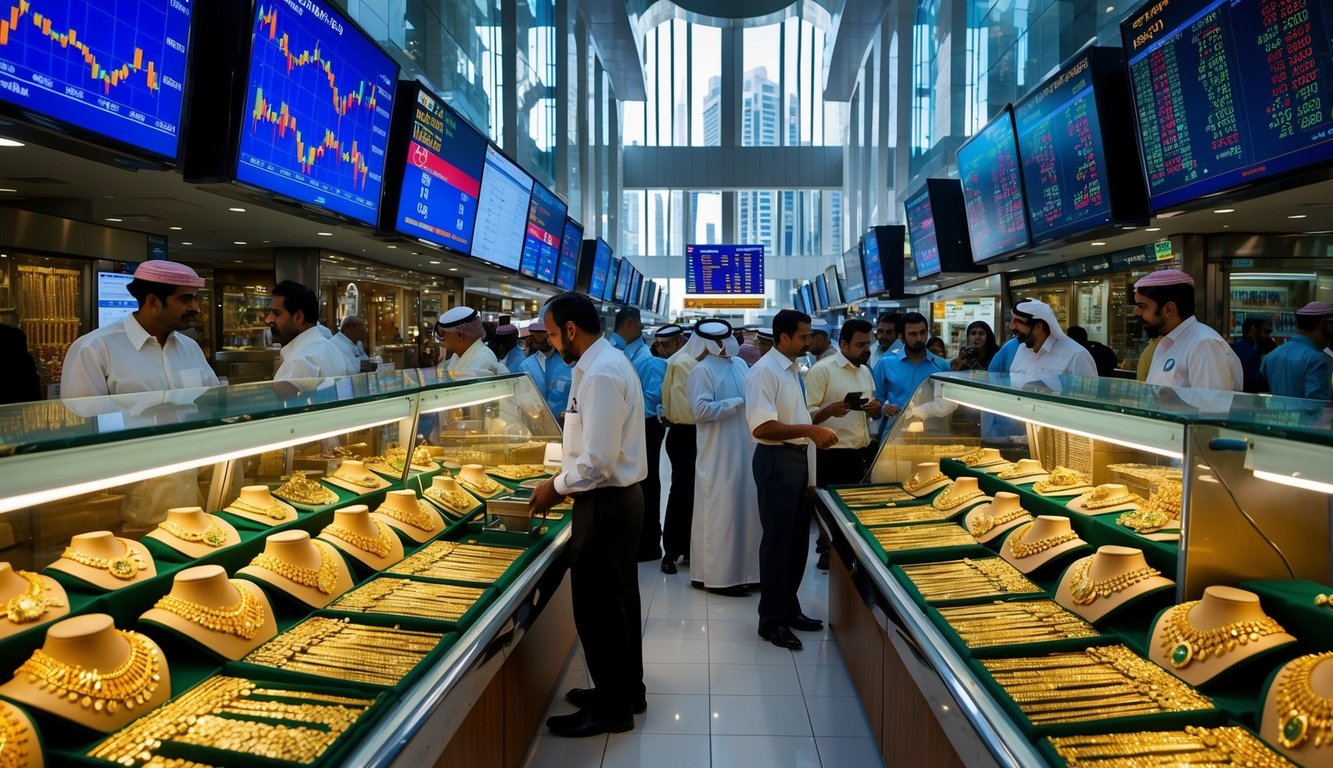 A bustling Dubai market with gold jewelry shops, financial charts, and a crowd of traders analyzing trends and rates