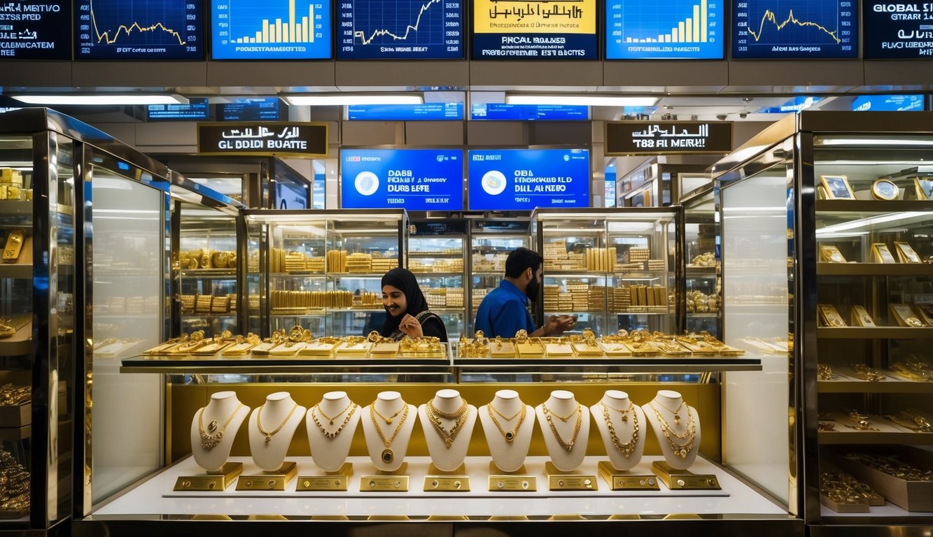 A bustling Dubai market with gold jewelry shops, surrounded by global event headlines and fluctuating graphs