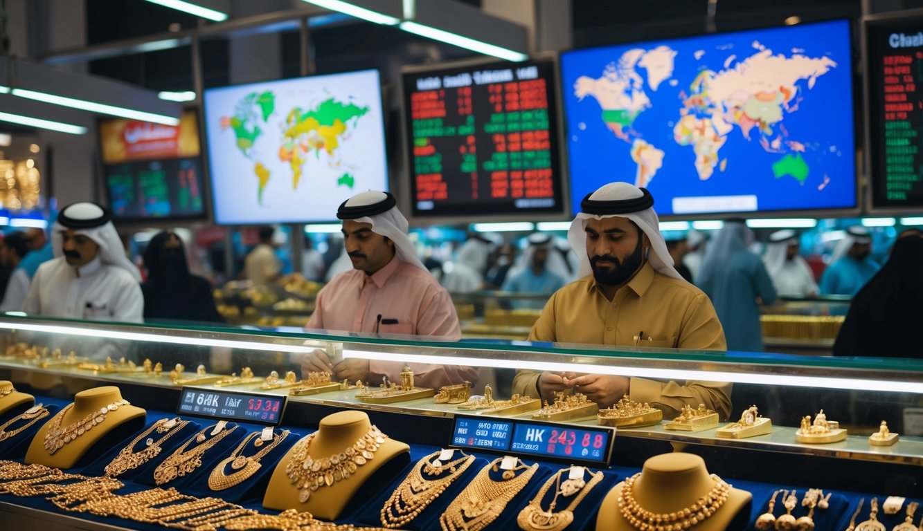 A bustling Dubai market with gold jewelry shops, fluctuating prices displayed on screens, and a world map showing global events