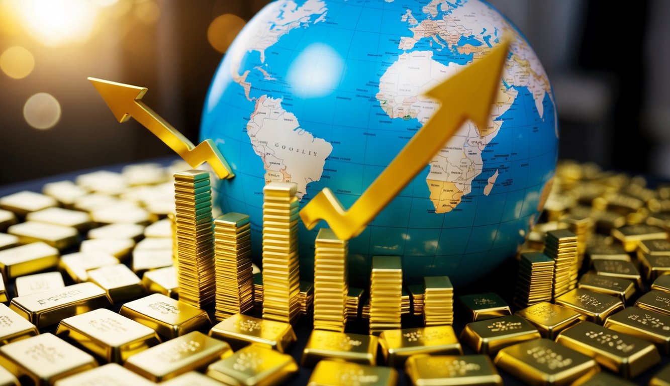 A globe surrounded by fluctuating gold bars, with arrows pointing up and down, representing the impact of geopolitical events on gold rates