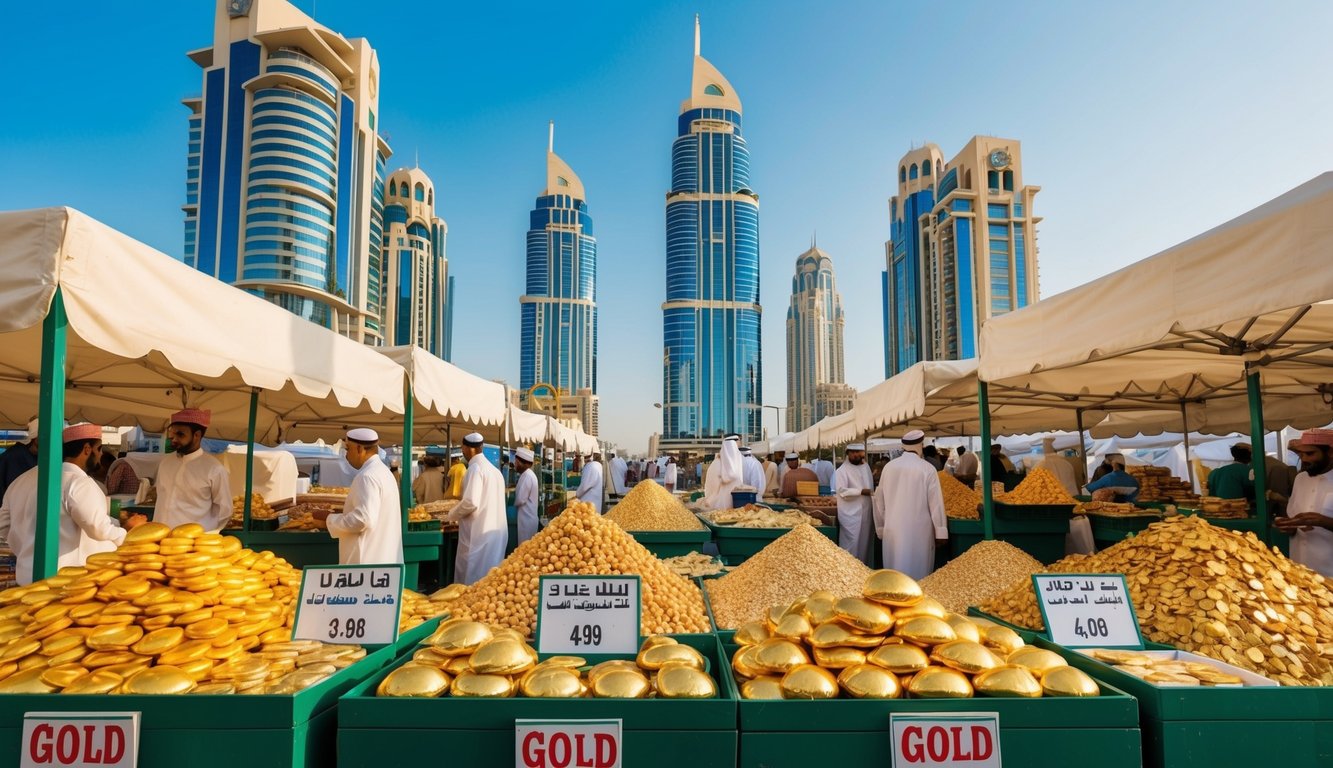 A bustling Dubai market with gold vendors and price boards, surrounded by tall buildings and a clear blue sky