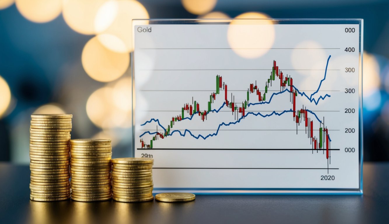 A graph showing the fluctuating gold prices in relation to a line chart depicting the current economic climate and inflation rates