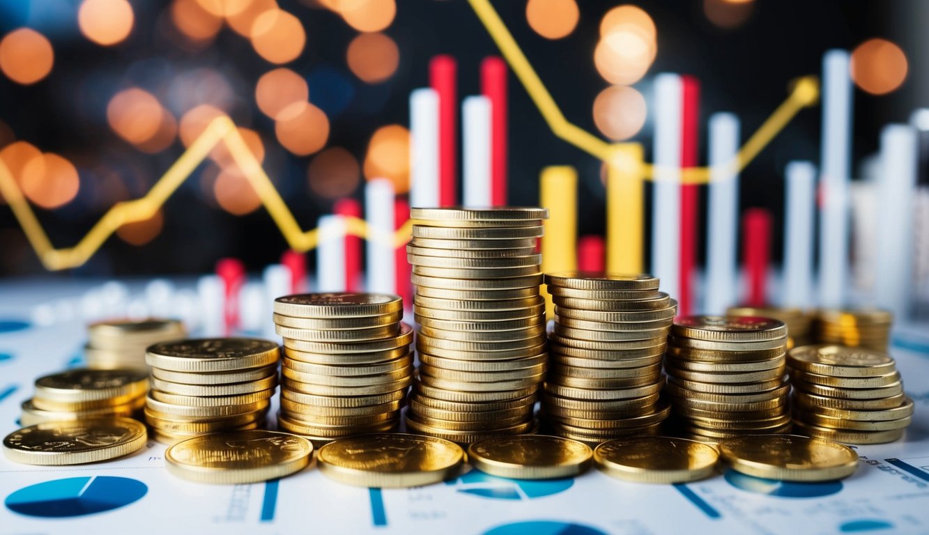 A stack of gold coins and bars surrounded by rising inflation graphs