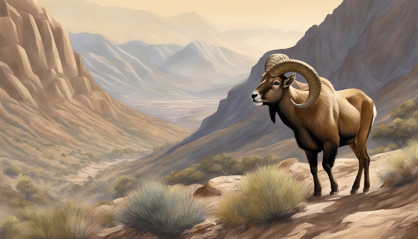 A hunter quietly stalking an Aoudad ram through rugged mountain terrain