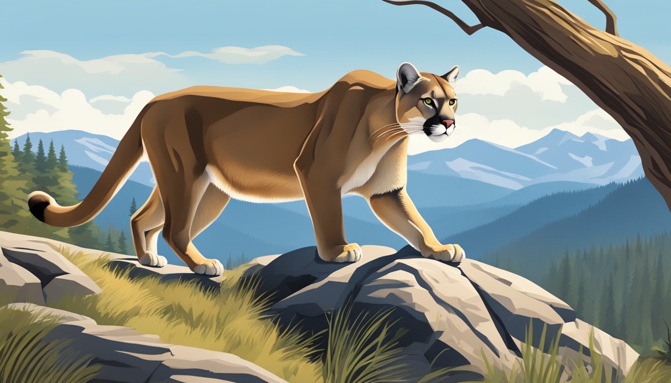 A mountain lion prowls through a forested area, with a backdrop of mountains and a clear sky