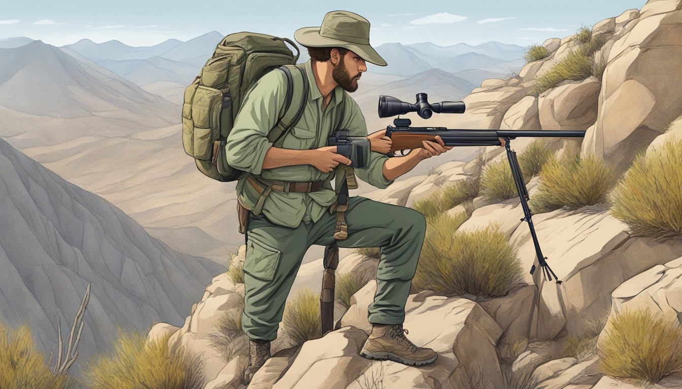 A hunter quietly stalks a rocky, mountainous terrain, scanning for aoudad sheep with binoculars and a rifle slung over their shoulder