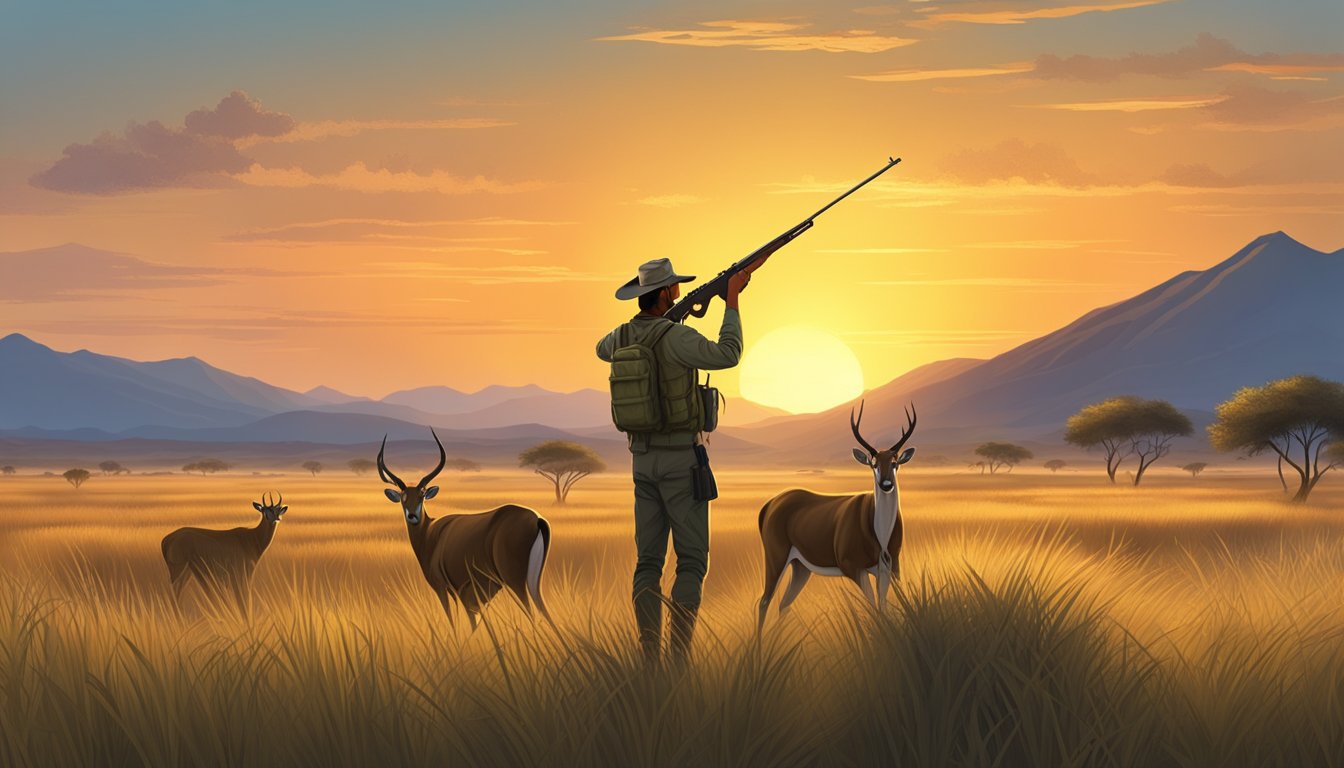 A hunter stands in tall grass, rifle in hand, scanning the horizon for a herd of nilgai antelope. The sun sets behind distant mountains, casting a warm glow over the savannah