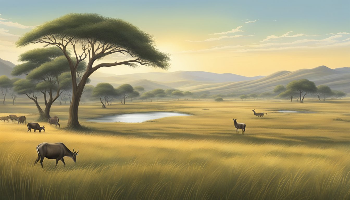 A vast grassland with rolling hills, scattered trees, and a watering hole, where a group of nilgai antelope roam freely