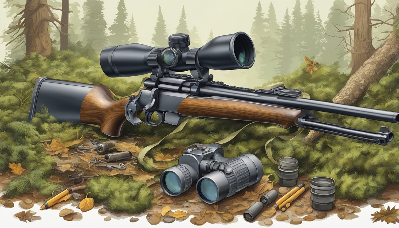 A hunter's rifle, camouflage gear, and binoculars lay on the forest floor, surrounded by tracks and scat