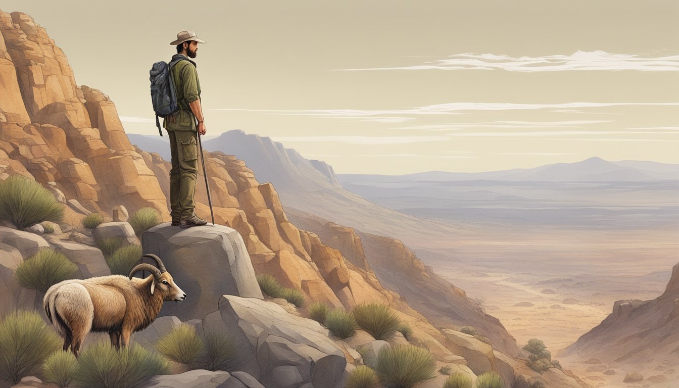 A hunter stands atop a rocky outcrop, surveying the rugged desert landscape below. Aoudad sheep graze in the distance, their shaggy coats blending in with the rocky terrain