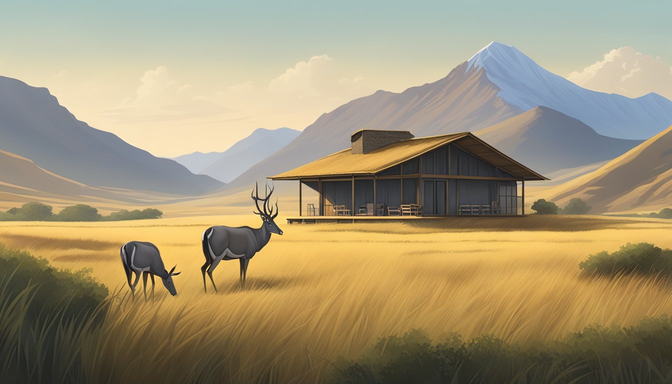 A hunter's lodge nestled in a grassy plain, surrounded by rolling hills and distant mountains, with a pair of majestic nilgai antelope grazing nearby