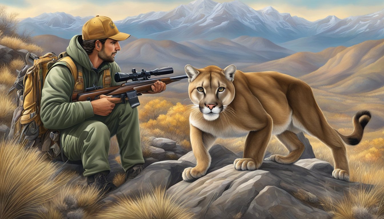 A hunter carefully handles a mountain lion trophy, surrounded by hunting gear and the rugged landscape