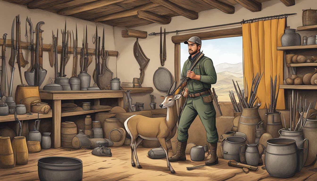 A hunter processes a nilgai antelope, surrounded by hunting trophies and equipment in a rustic setting