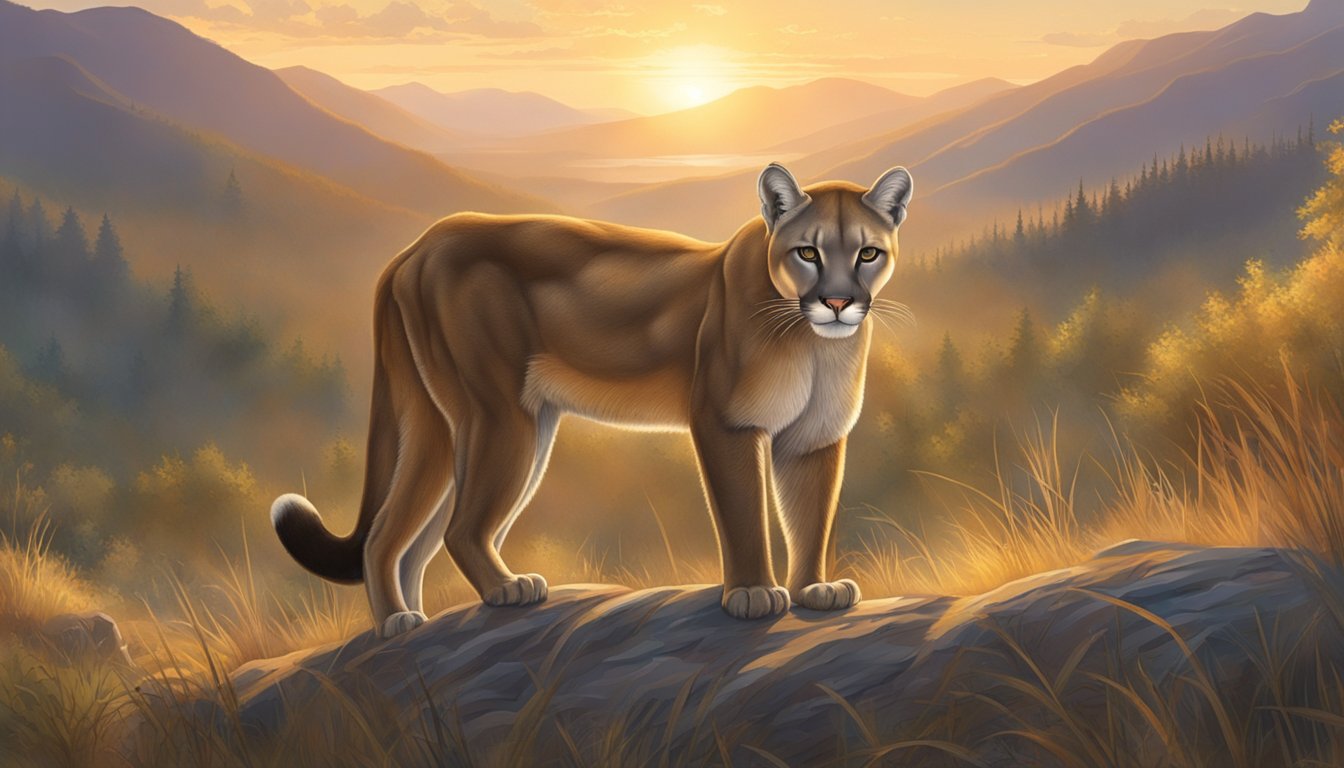 A mountain lion crouches in the underbrush, eyes fixed on a herd of deer grazing in a clearing. The sun sets behind the rugged peaks, casting a warm glow over the scene