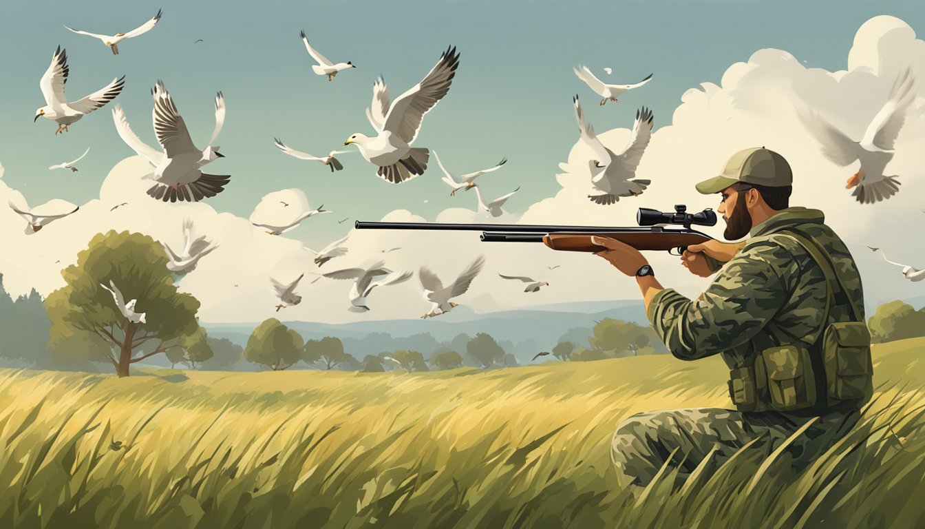 A hunter in camouflage aiming a shotgun at a flock of doves in a grassy field