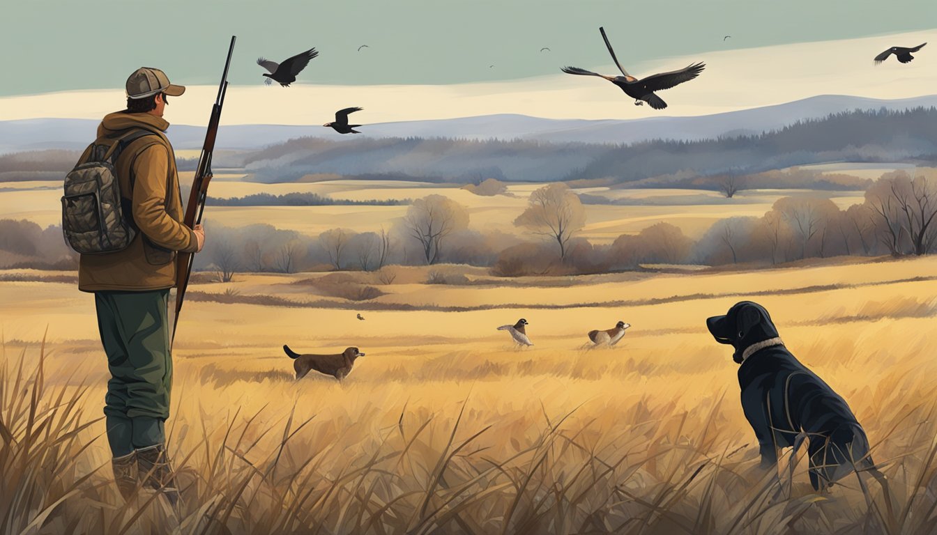 A hunter sets up decoys in a field while a dog eagerly awaits the upcoming pheasant hunt