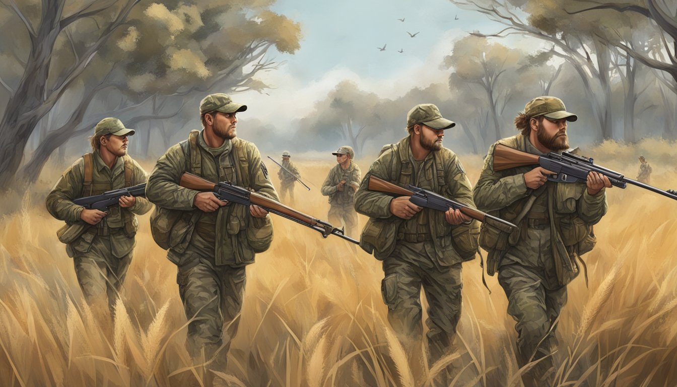 A group of hunters in camouflage gear, carrying shotguns, walking through a field with tall grass and scattered trees