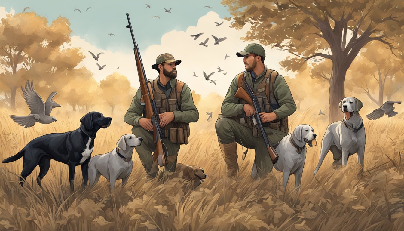 A group of hunters with shotguns and hunting dogs in a field with scattered bushes and trees. Fallen doves lay on the ground