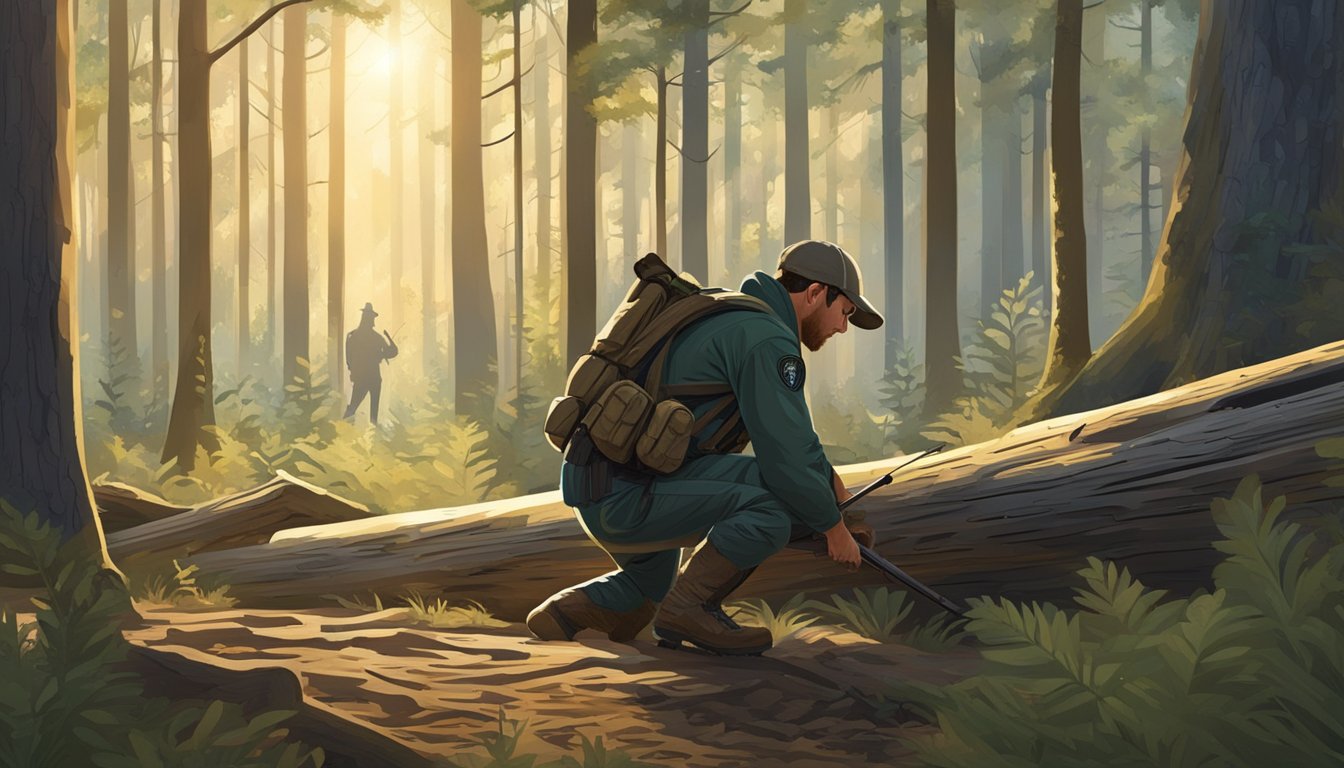 A hunter crouches behind a fallen log, scanning the forest for a whitetail deer. The sun filters through the trees, casting dappled shadows on the forest floor