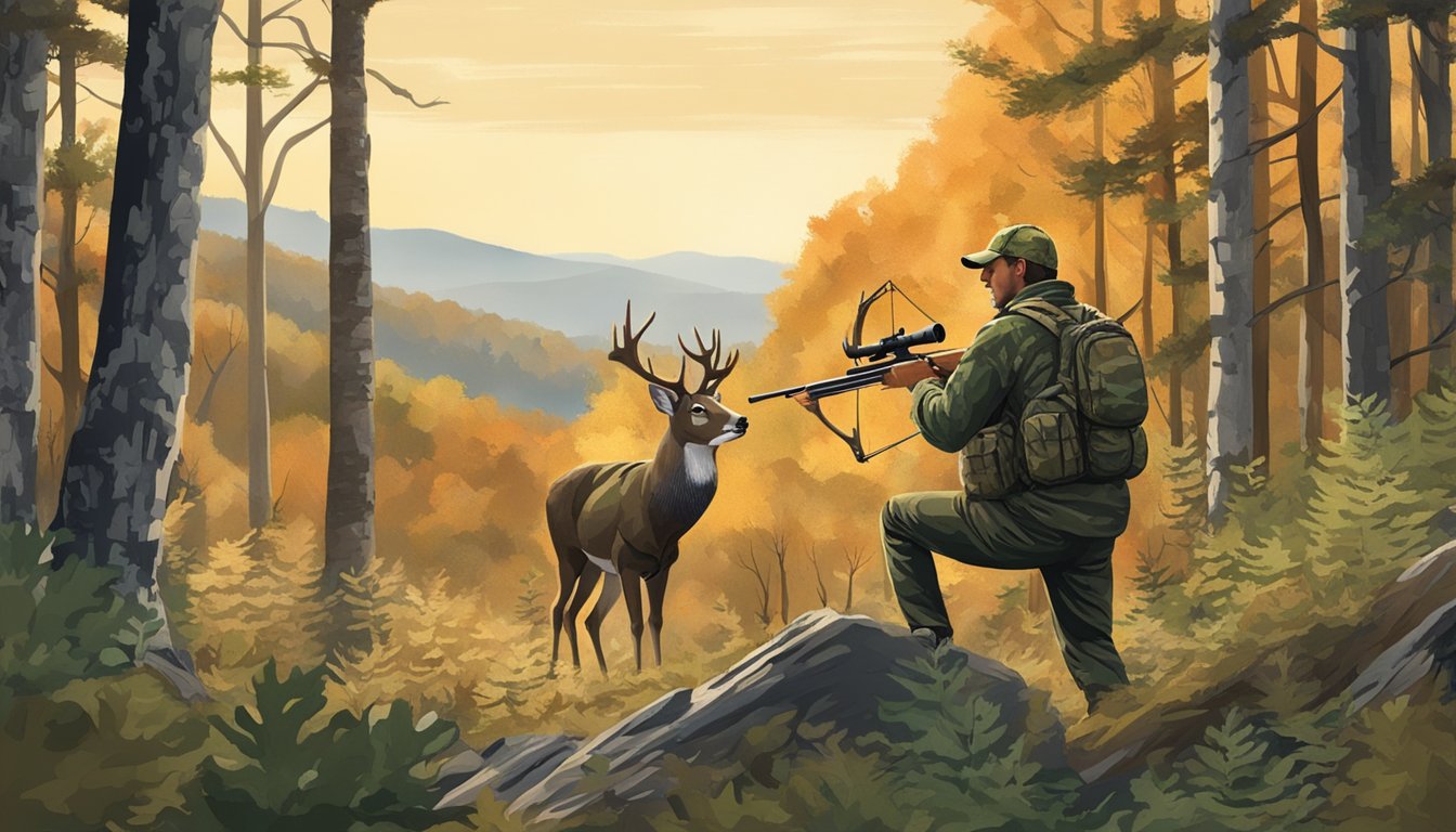 A hunter in camouflage aiming at a whitetail deer in a dense forest, with rolling hills in the background