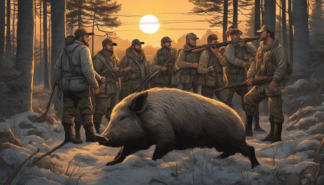 The hunters gather around the slain wild boar, celebrating their successful hunt as the sun sets behind the forest