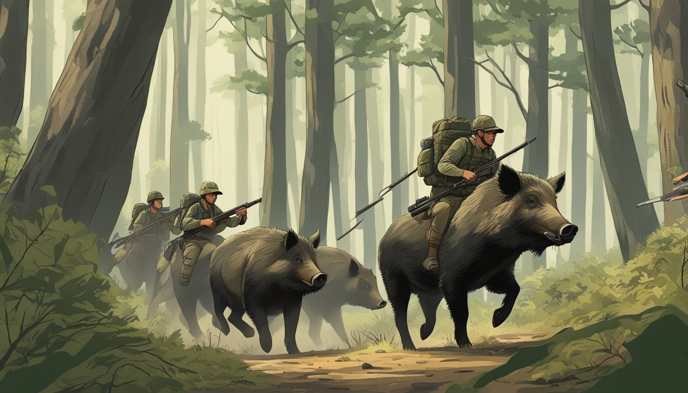 A group of hunters tracking wild boar through a dense forest, surrounded by tall trees and thick underbrush. The hunters carry traditional weapons and wear camouflage gear