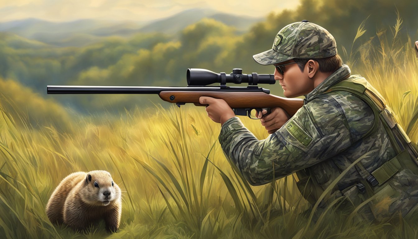 A hunter in camouflage aiming a rifle at a woodchuck in a grassy field