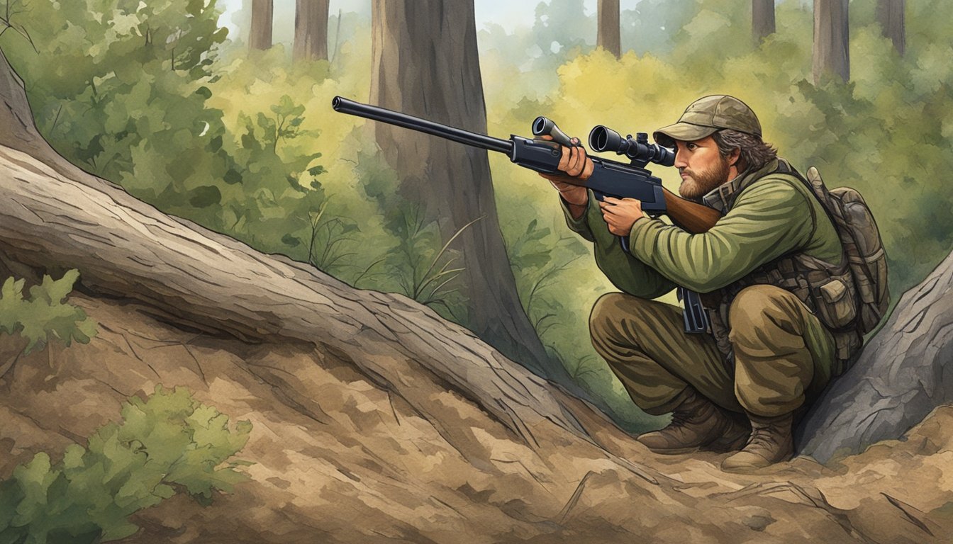 A hunter with a rifle and camouflage gear crouches behind a tree, watching a woodchuck emerge from its burrow