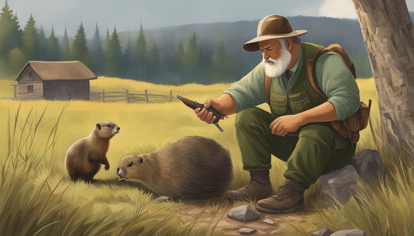 A hunter field dresses and processes a woodchuck in a rural setting