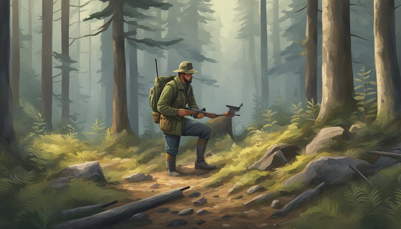 A hunter gathering gear and checking rifle in forest clearing