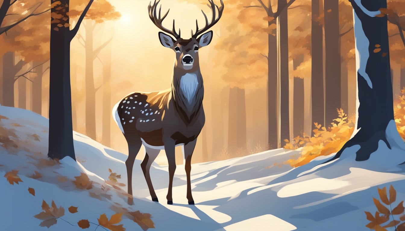 A sika deer stands alert in a snowy forest, autumn leaves scattered on the ground. The sun sets behind the trees, casting long shadows