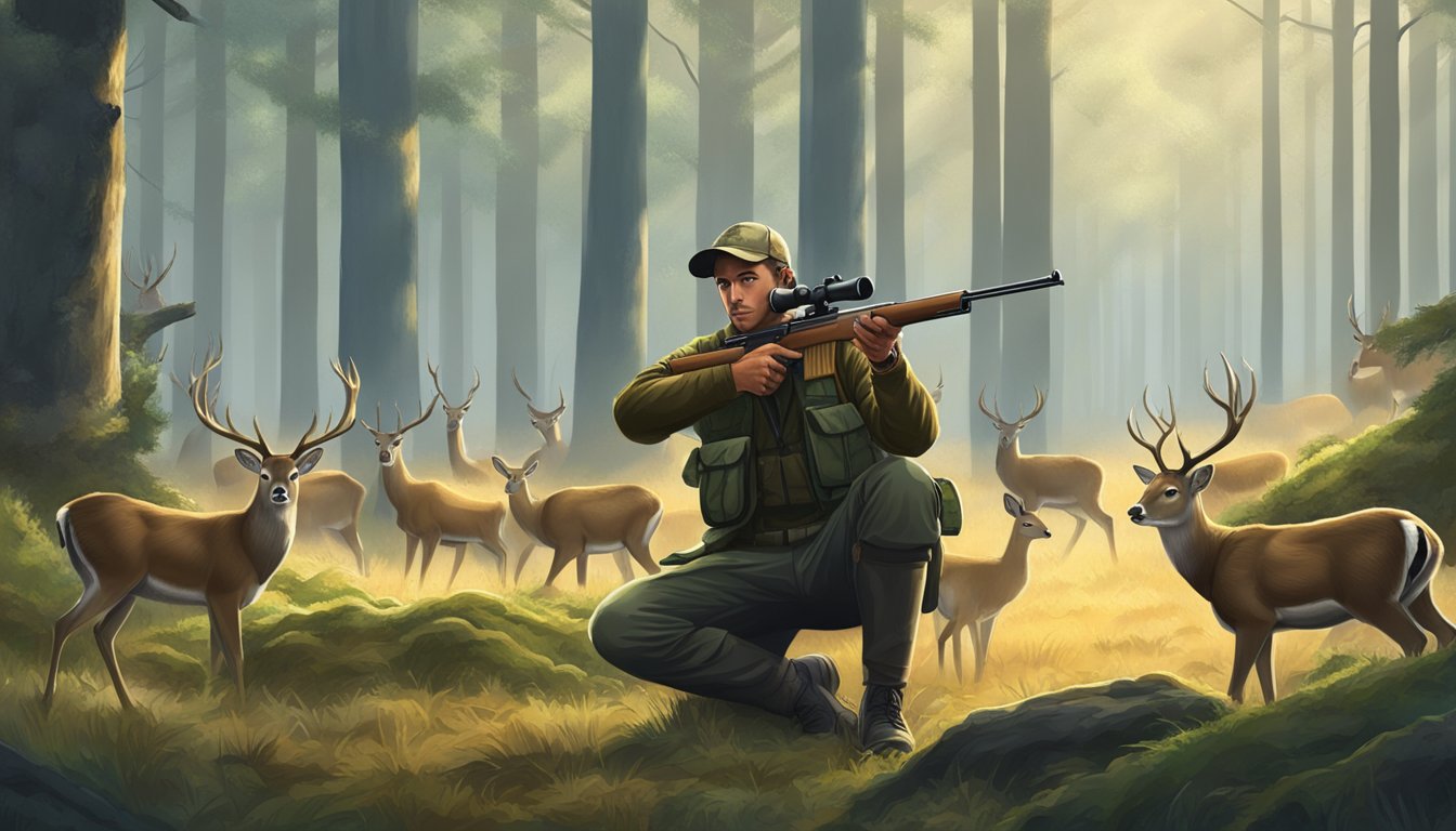 A hunter aims a rifle at a group of sika deer in a forest clearing