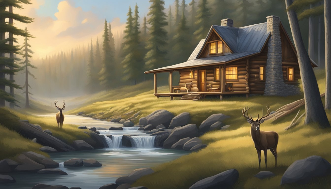 A cozy cabin nestled in a forest clearing, surrounded by tall trees and a tranquil stream. A pair of hunting rifles lean against the wall, while a majestic sika deer grazes in the distance