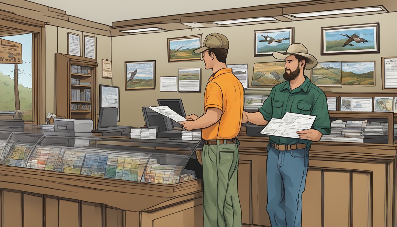 A hunter purchasing a non-resident hunting license at an Alabama wildlife office