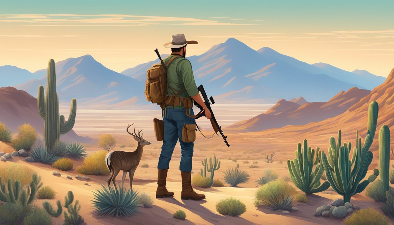 A desert landscape with cacti and mountains in the background, a hunter holding a rifle, and various wildlife such as deer and quail