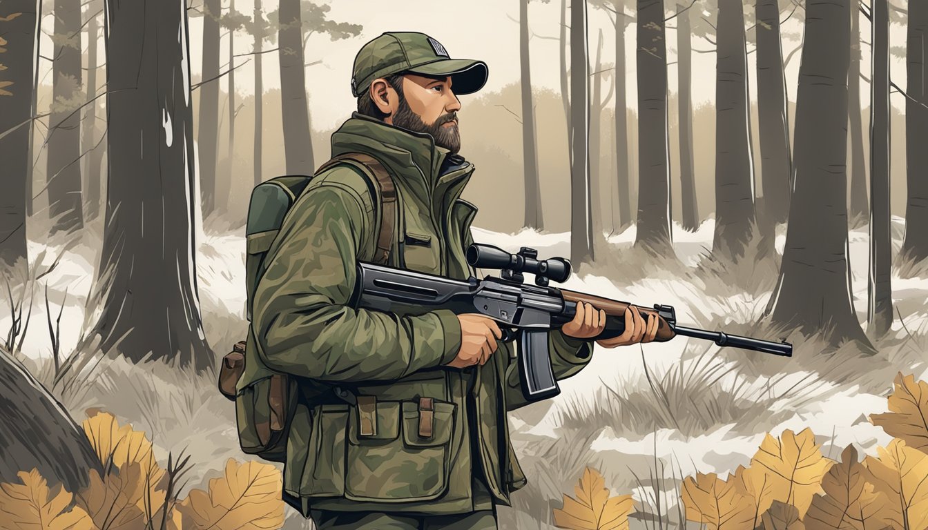 A hunter holding a rifle and wearing camouflage clothing, standing in a wooded area with a hunting license pinned to their jacket