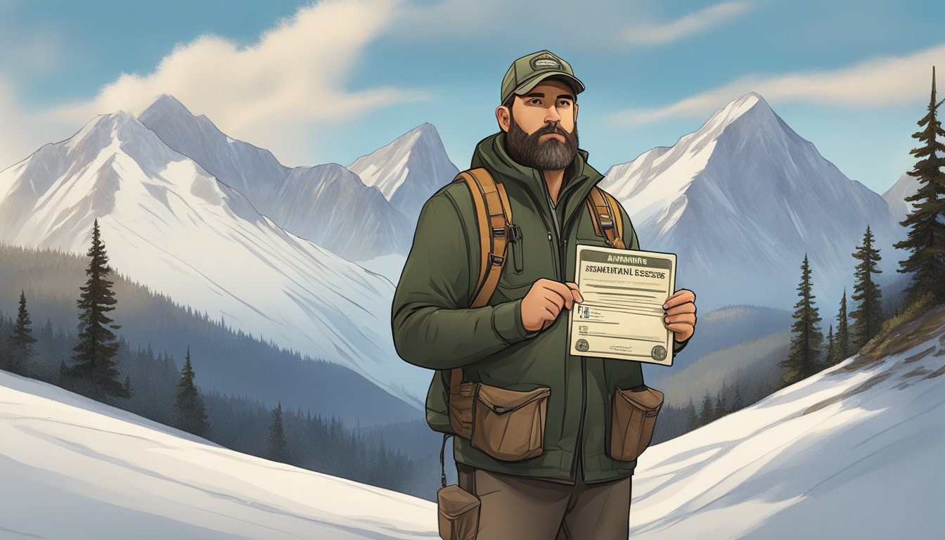 A hunter holding an Alaskan hunting license while standing in front of a rugged mountain landscape