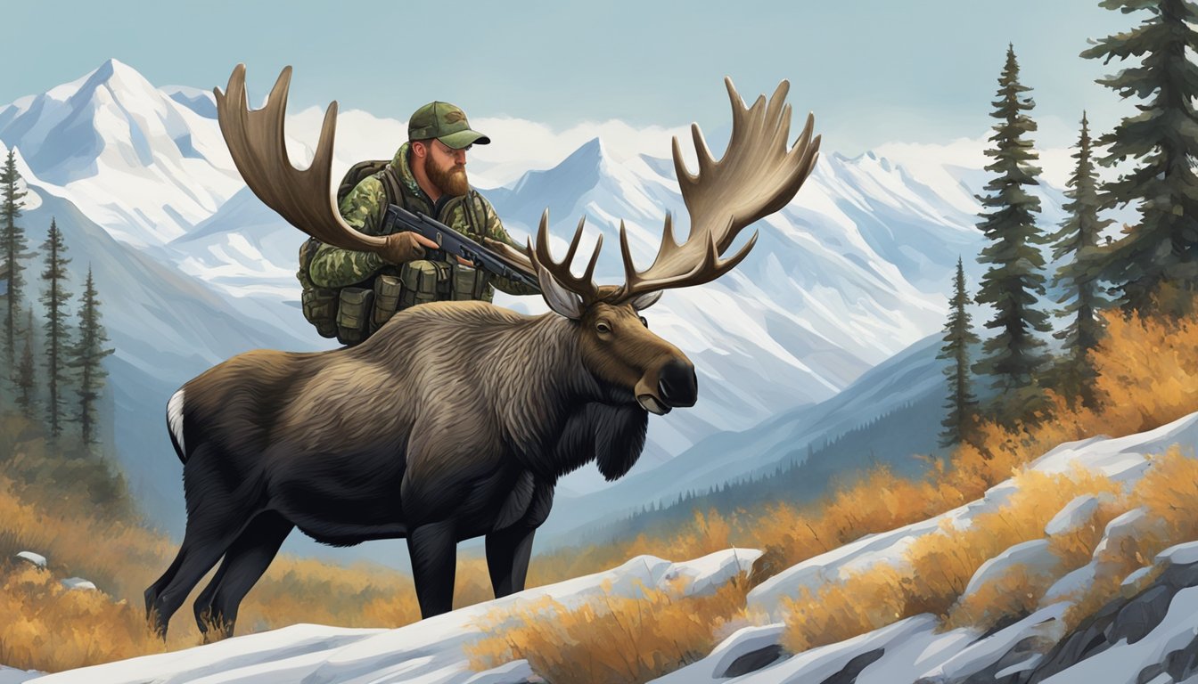 A hunter in camouflage aims a rifle at a massive moose in the Alaskan wilderness. Snow-capped mountains loom in the background, as the hunter carefully takes aim