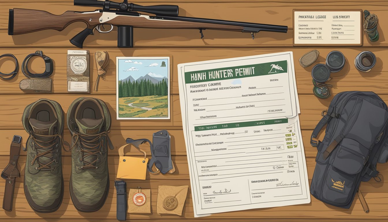 A hunter's license and permits laid out on a wooden table with a backdrop of a forest and hunting gear