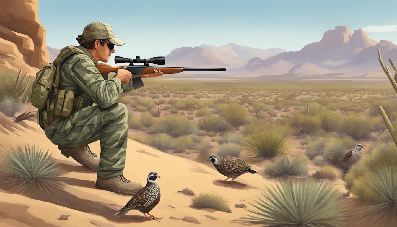 A hunter in camouflage aiming at a quail in the Arizona desert