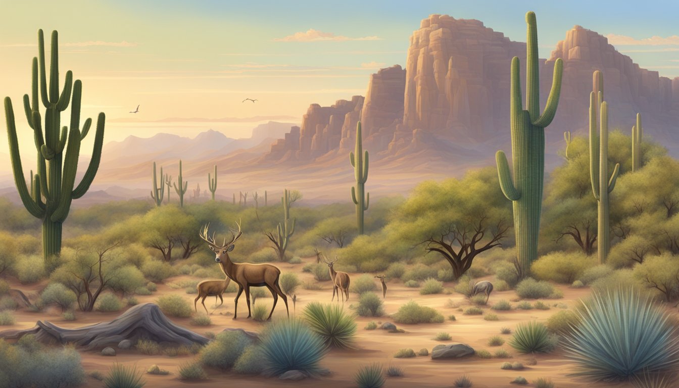 A desert landscape with saguaro cacti, mesquite trees, and a variety of wildlife such as deer, elk, and quail