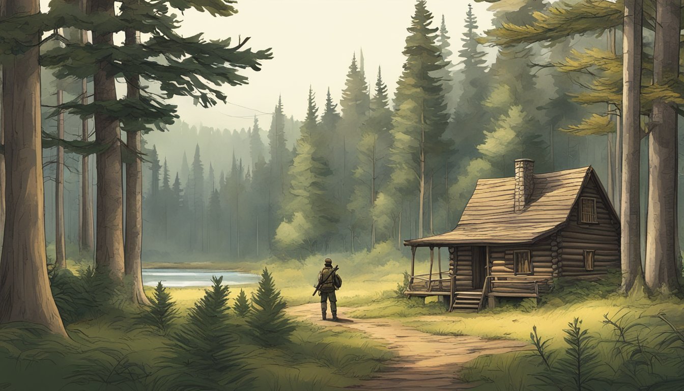 A serene forest clearing with a hunter's cabin, rifle, and wildlife in the distance